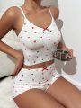 Heart Print Bow Front Cami Top & Shorts PJ Set