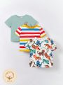 SHEIN Baby Boy's Cartoon Animal Stripe Print Top 3pcs/Set