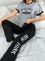 Letter Print Short Sleeve T-Shirt And Long Pants Pajamas Set