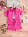 SHEIN Kids EVRYDAY 2pcs/Set Youth Girls' Double-Sided Plaid Shirt And Casual Shorts Outfit With Inner Camisole Top