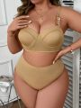 SHEIN Swim Chicsea Plus Size Women'S Metal Chain Shoulder Strap Swimsuit Set