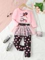 SHEIN Kids QTFun Toddler Girls' Cute Girl Printed Off Shoulder Long Sleeve T-Shirt And Polka Dot Printed Legging Set With Mesh Skirt Overlay