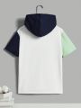 SHEIN Kids SPRTY Boys' Loose Fit Sports Hooded Short Sleeve T-Shirt With Letter Patchwork And Color Collision