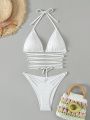 SHEIN Swim Vcay Women's Criss Cross Strap Halter Neck Bikini Set