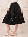 SHEIN Tween Girl Pearls Detail Plicated Skirt