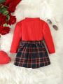 Baby Girls' Stand Collar Long Sleeve T-Shirt And Plaid Skirt Set