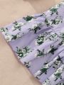 SHEIN Kids SUNSHNE Tween Girls' 2pcs Digital Print Shirred Detail Top And Skirt Set