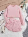 SHEIN Kids EVRYDAY Big Girls' Knitted Solid Color Sweater With Round Collar And Loose Short Style, Plus Knitted Solid Color Shorts With Pleats, 2pcs/set