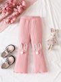 SHEIN Kids QTFun Little Girls' Knitted Solid Color Rabbit Ear Pom-pom Harem Pants