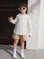 SHEIN Kids EVRYDAY Toddler Boys' Hooded Woven Shirt And Shorts Two Piece Set For Casual Wear