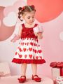 Baby Girls' Heart Print Dress With Bow Decoration