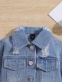 Toddler Girls' Basic Casual Light Blue Washed Denim Jacket & Skirt Set With Fringe Hem