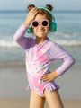 Young Girls' Unicorn Pattern Print Ruffle Trim One-Piece Swimsuit With Long Sleeves, Spring/Summer