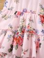 SHEIN Kids CHARMNG Little Girls' Floral Printed Mesh Splice Short Sleeve Dress With Flounce Hem