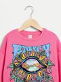 Girls' Casual Cartoon Print Long Sleeve Round Neck Sweatshirt, Suitable For Autumn & Winter