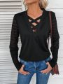 Cross V-Neck Lace Long-Sleeve T-Shirt