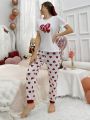 Heart Print Short Sleeve T-Shirt & Pants Home Suit