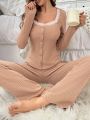 Ladies' Coral Color Single Breasted Lace Pajama Set
