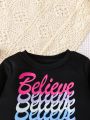 SHEIN Kids CHARMNG Young Girl Letter Graphic Sweatshirt & Flap Pocket Cargo Pants