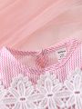 Baby Girls' Pink Wave Pattern Patchwork Lace Dress, Cute, Daily Casual, Elegant And Romantic, Spring/Summer