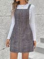 SHEIN LUNE Women'S Plaid Zipper Front Overalls Dress