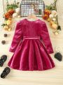 Young Girl Surplice Neck Puff Sleeve Belted Dress