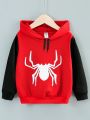 SHEIN Kids QTFun Boys' Casual White Spider Print Long Sleeve Hoodie, Black & Red, Autumn