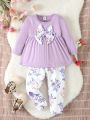 2pcs Baby Girls' Purple Floral Print Outfits