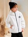 SHEIN Tween Boy Letter Patched Zip Up Hooded Teddy Coat