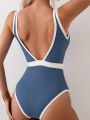 SHEIN Swim SPRTY Ladies' Color Block & Border Design One-Piece Swimsuit