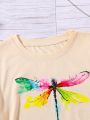 Tween Girls Dragonfly Letter Print T-Shirt