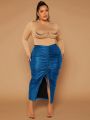 SHEIN SXY Plus Size Women's Drawstring Waist Slit Hem Midi Skirt