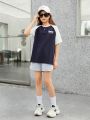SHEIN Kids KDOMO Tween Girls' Loose Fit Casual Colorblock And Raglan Sleeve T-shirt