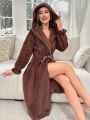 Drop Shoulder Drawstring Waist Hooded Flannel Lounge Robe