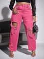 Plus Size Women'S Non-Stretch Straight Leg Jeans With Distressed Details