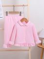 2pcs/Set Baby Girl Ruffle Trim Top And Long Pants Homewear