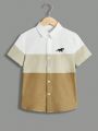 SHEIN Tween Boys' Casual Comfortable Color Blocking Horse Pattern Button-Front Shirt