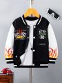 Young Boy Fire & Letter Graphic Striped Trim Varsity Jacket Without Tee