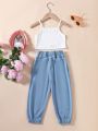 SHEIN Kids EVRYDAY Little Girls' Ribbed Bowknot Tank Top And Jeans Set