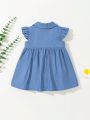 SHEIN Newborn Baby Girls' Denim-Like Fabric Short Sleeve Dress With Turn-Down Collar And Cinching Waist