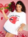 SHEIN CURVE+ Women's Plus Size Round Neck White Printed T-shirt