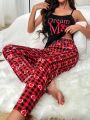 Letter Graphic Cami Top & Gingham Print Pants PJ Set