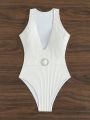 SHEIN Swim Chicsea Deep V-Neck Swimsuit With Rhinestone Circular Decoration