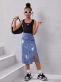 SHEIN Kids Cooltwn Big Girls' Daily Casual Knitted Sleeveless Vest Top And Denim Printed High Slit Skirt