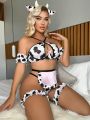 Cow Print Ruffle Trim Lingerie Set With 1pair Leg Ring