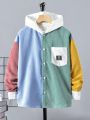 SHEIN Kids EVRYDAY Boys' Casual Hooded Button-up Shirt With Color Block Design, Youth