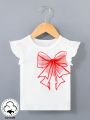 Infant Girls' Cute Daily Casual Top With Bowknot & Fun Print For Spring And Summer