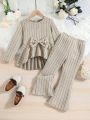 SHEIN Kids CHARMNG Toddler Girls' Long Sleeve Mock Neck Fleece Set With Stripes, Autumn And Winter New Arrivals