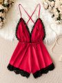 Contrast Lace Crisscross Backless Satin Cami Romper