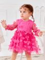 SHEIN Baby Girl 1pc Mom And Me Cute And Sweet Rose Red Stitching Three-Dimensional Flower Mesh Long-Sleeved Dress